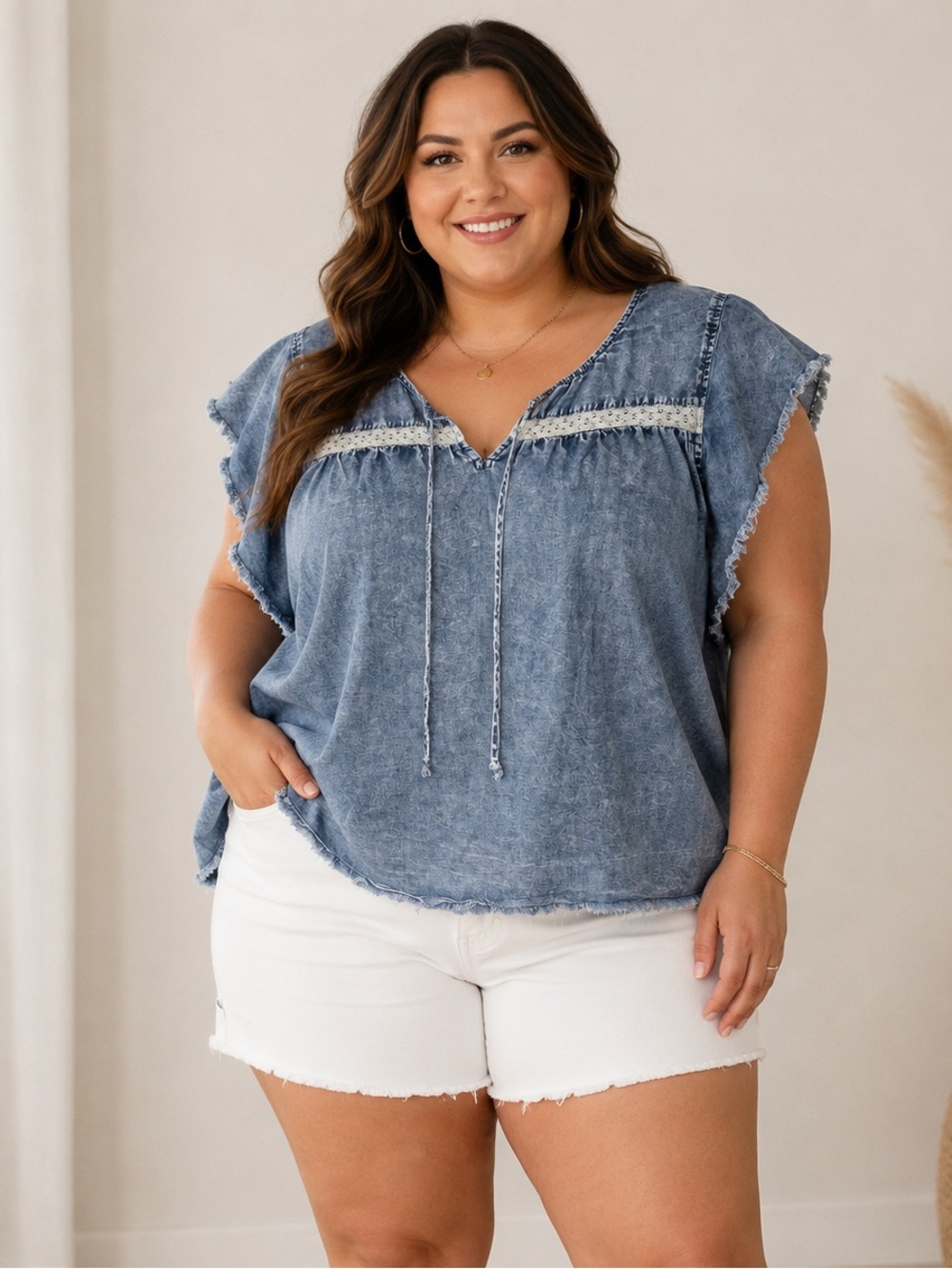 True Craft 2X Chambray Boho Top Lace Yoke Flutter Sleeve Blouse